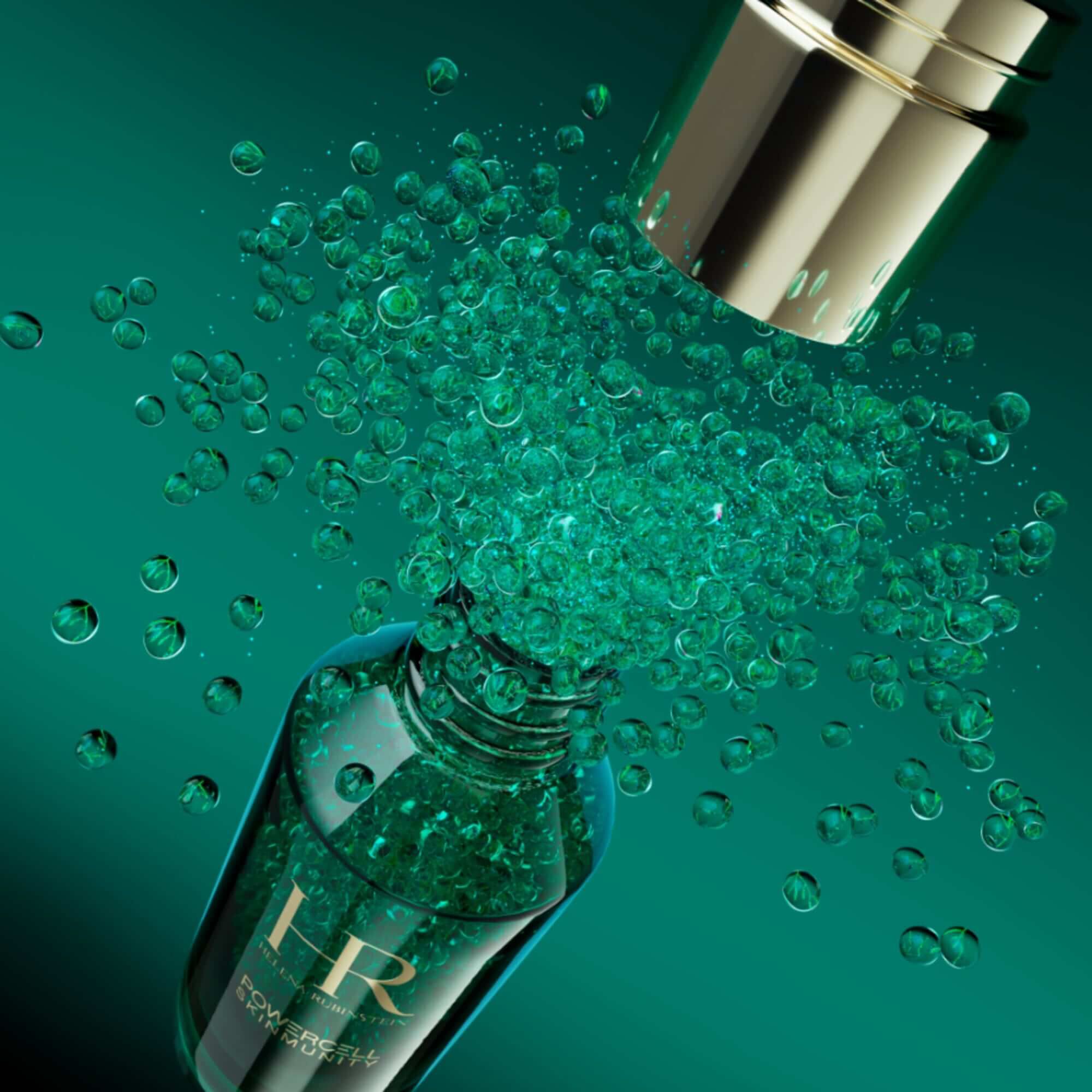 Frasco del serum Helena Rubinstein Powercell Skinmunity abierto para revelar su exclusiva textura con burbujas.