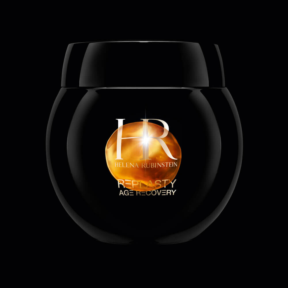 Black jar of Helena Rubinstein's Replasty Age Recovery cream, featuring a gold emblem and sleek, modern design.