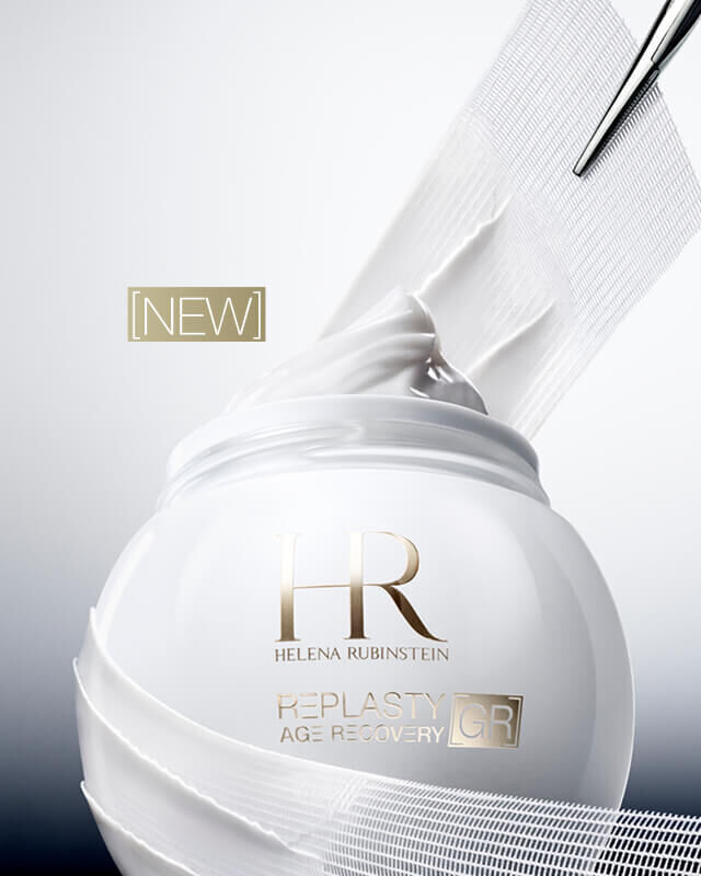 Tarro Helena Rubinstein Replasty Age Recovery Day [GR] con textura de crema blanca efecto vendaje.