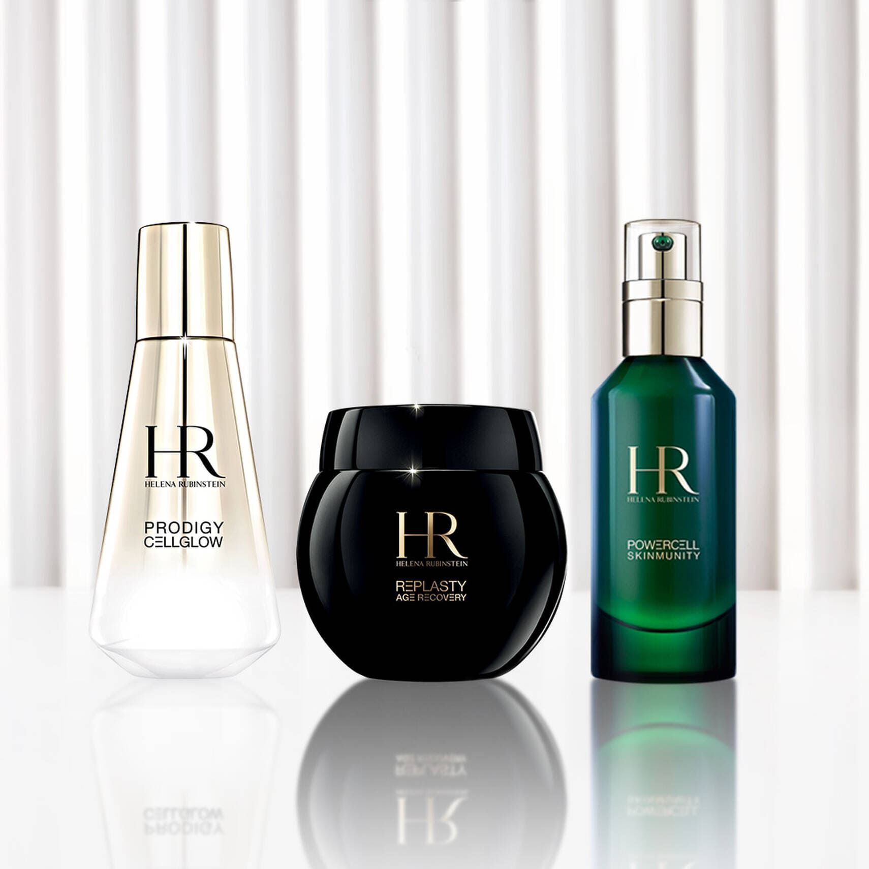 Frascos de Prodigy Cellglow, crema Re-Plasty Age Recovery y serum Powercell Skinmunity de Helena Rubinstein.