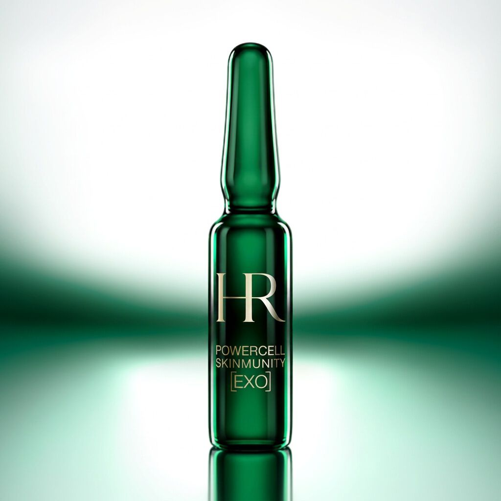 Una ampolla verde Helena Rubinstein Powercell [EXO] Shot colocada sobre una superficie oscura reflectante, iluminada por un suave resplandor verde sobre un fondo degradado oscuro.​