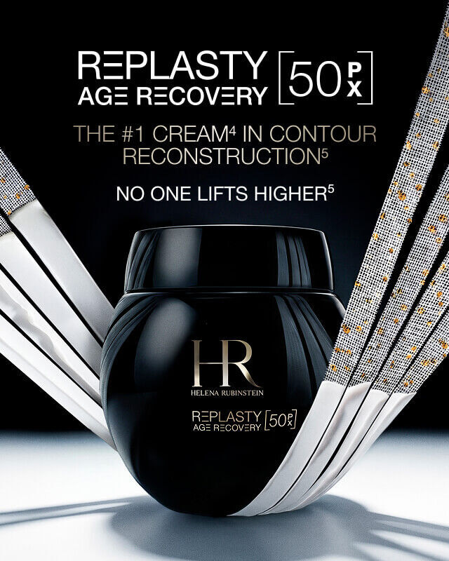 Tarro de crema Helena Rubinstein Replasty Age Recovery Night con detalles de la formula Pro-Xylane™.