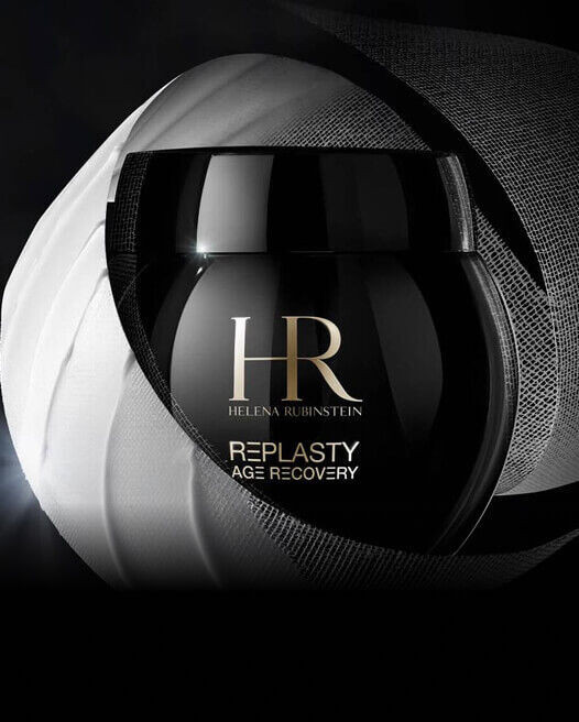 Helena Rubinstein REPLASTY AGE RECOVERY. Tarro negro, textura de vendaje. Tratamiento facial antiedad.