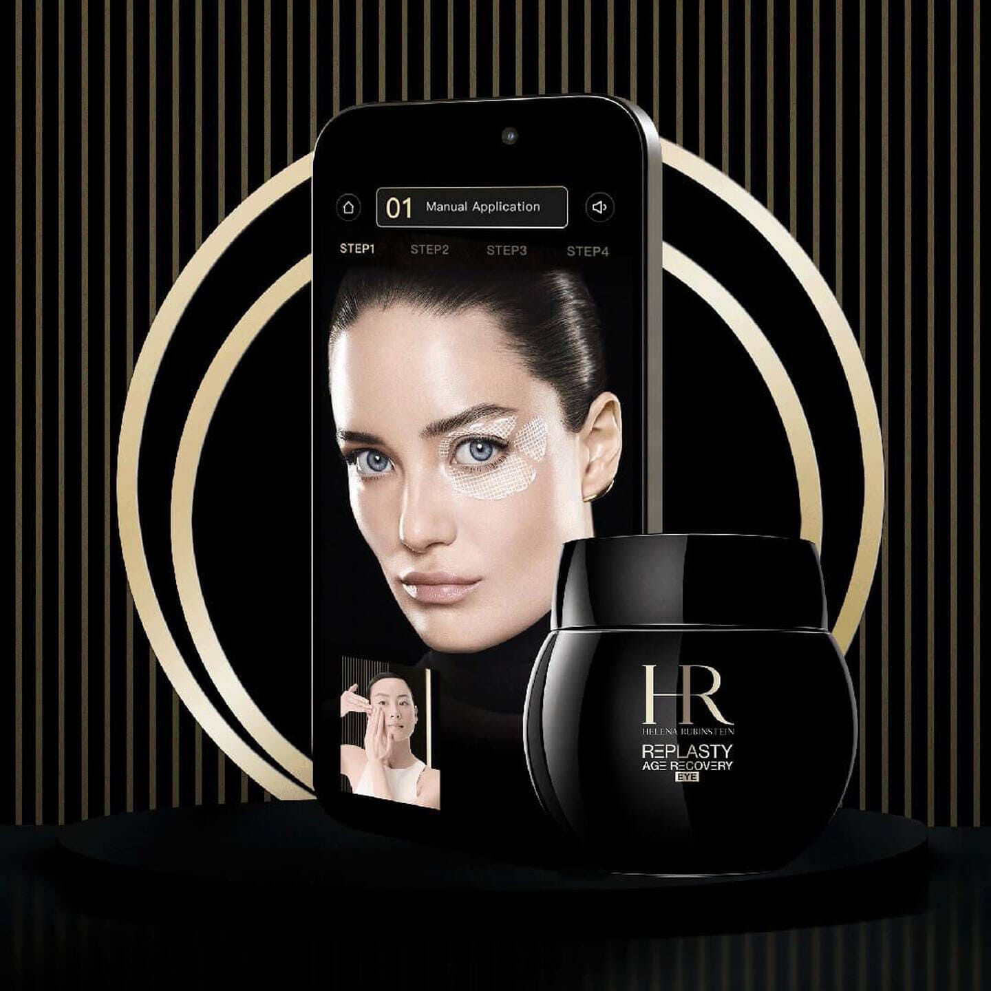 Crema de ojos Helena Rubinstein Replasty Age Recovery con una guia digital de aplicacion manual.