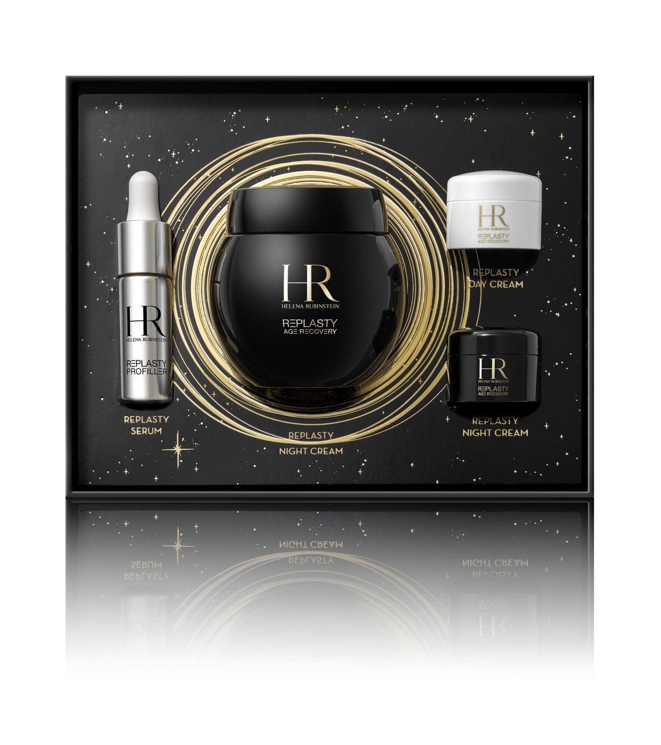 Caja de regalo abierta en negro y oro, mostrando cuatro productos Helena Rubinstein "Re-Plasty" (serum, crema de noche, crema de dia) y el logo "HR", sobre fondo blanco.